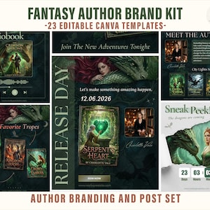 Puede incluir: Un kit de marca de autor de fantasía con 23 plantillas de Canva editables. El diseño presenta portadas de libros, fotos de autores y gráficos promocionales. El texto incluye "Audiobook", "Release Day" y "Sneak Peek!" con el título "Serpent's Heart."