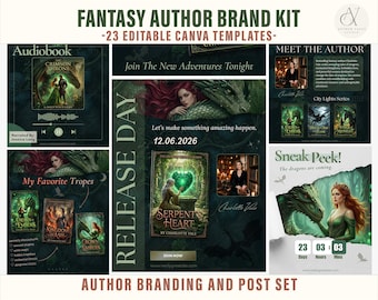 May include: A fantasy author brand kit with 23 editable Canva templates. The design features book covers, author photos, and promotional graphics. The text includes "Audiobook," "Release Day," and "Sneak Peek!" with the title "Serpent's Heart."
