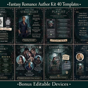 May include: A digital fantasy romance author kit featuring 40 editable templates with dark, moody aesthetics. The templates include sections for book covers, character profiles, story playlists, author bios, and review prompts, all with gothic-inspired floral accents.