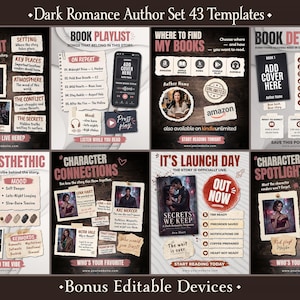 Peut inclure: Un ensemble numérique de 43 modèles pour auteurs de romance sombre avec des arrière-plans sombres et des éléments en papier déchiré. Les modèles incluent des sections pour World Spotlight, Book Playlist, Where to Find My Books, Book Details, Book Aesthetic, Character Connections, Launch Day et Character Spotlight.