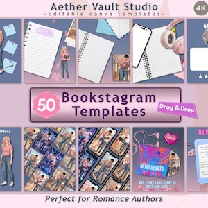 May include: A promotional graphic for "Aether Vault Studio" featuring 50 Bookstagram templates. The design includes illustrations of couples, notebooks, and a phone, with text like "Neon Hearts" and "Perfect for Romance Authors."