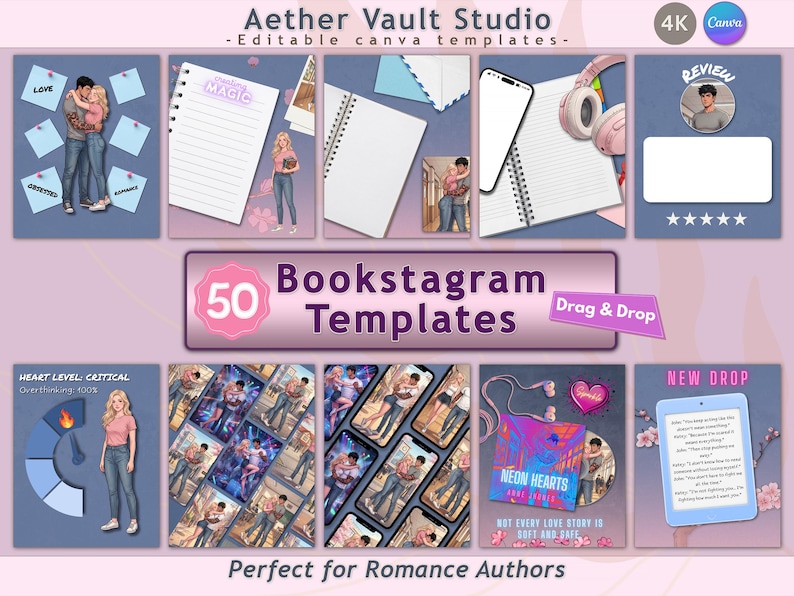 May include: A promotional graphic for "Aether Vault Studio" featuring 50 Bookstagram templates. The design includes illustrations of couples, notebooks, and a phone, with text like "Neon Hearts" and "Perfect for Romance Authors."