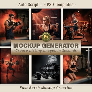 Puede incluir: Imagen promocional de un generador de maquetas, que presenta escenas de gimnasio con personas haciendo ejercicio. La imagen incluye texto: "Auto Script + 9 PSD Templates" y "MOCKUP GENERATOR - Create Listing Images in Seconds". El tema general es el fitness y el entrenamiento.