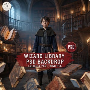 Könnte beinhalten: Ein digitaler Hintergrund mit einer jungen Person in einem Zauberer-Outfit in einer Bibliothek. Die Szene zeigt schwebende Bücher, Kerzen und den Text "WIZARD LIBRARY PSD BACKDROP EDITABLE PSD HIGH RES". Das Bild hat ein Fantasy-Thema.