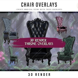 Könnte beinhalten: Ein Bild mit 3D-Render-Thron-Overlays in verschiedenen Farben, darunter Schwarz, Grün und Rosa. Der Text "CHAIR OVERLAYS" und "THRONE OVERLAYS" ist oben bzw. in der Mitte zu sehen, mit den Worten "3D RENDER" unten.