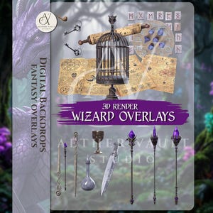 Op de afbeelding: Digitale fantasie-achtergrond met wizard-thema 3D-render overlays. De afbeelding bevat een vogelkooi, sleutels, rollen, runen en diverse magische items zoals toverstokken, een kelk en een dolk. De tekst luidt "3D RENDER WIZARD OVERLAYS" en "DIGITAL BACKDROPS FANTASY OVERLAYS".