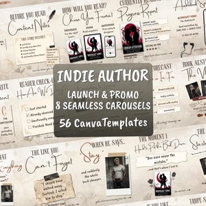 Op de afbeelding: Een digitale collectie van 56 Canva-sjablonen voor indie-auteurs, met 8 naadloze carrousels. Het ontwerp bevat secties voor boekesthetiek, lezerscheck-ins en trope-spotlights, met tekstoverlays zoals Indie Author, Launch & Promo en 8 Seamless Carousels.