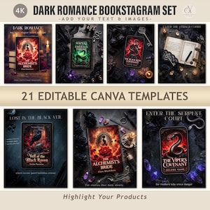 May include: A digital collection of 21 editable Canva templates titled Dark Romance Bookstagram Set. The templates feature dark, moody imagery including roses, snakes, ravens, crystals, candles, and open books with gothic-style text overlays.