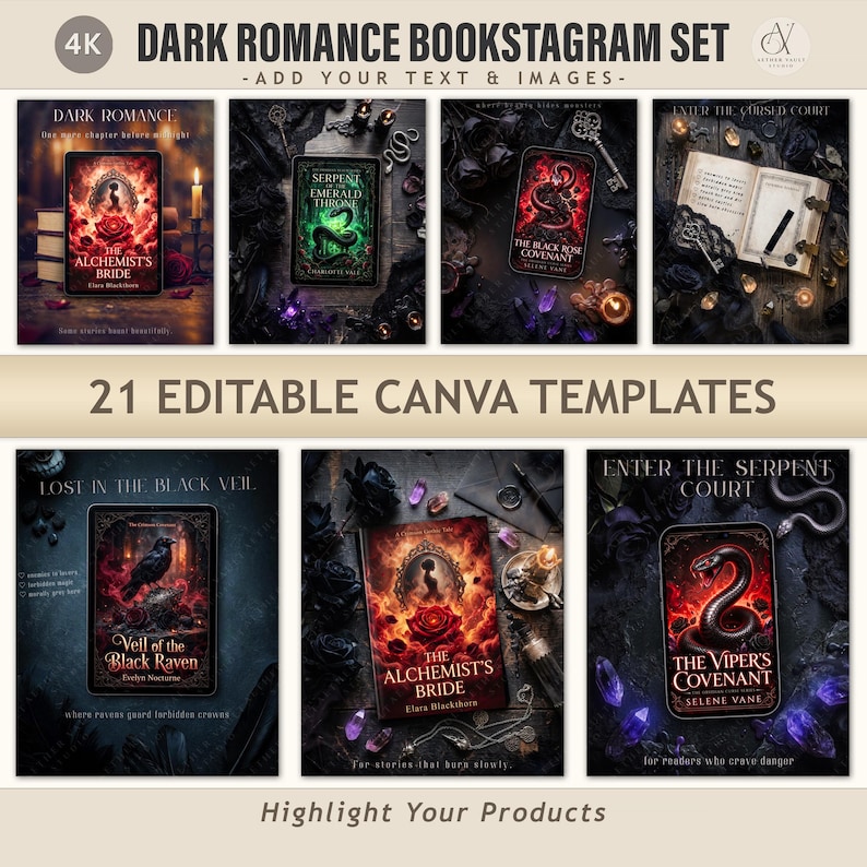 May include: A digital collection of 21 editable Canva templates titled Dark Romance Bookstagram Set. The templates feature dark, moody imagery including roses, snakes, ravens, crystals, candles, and open books with gothic-style text overlays.