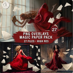 May include: A composite image featuring women in flowing red dresses with floating paper overlays. The text reads "PNG OVERLAYS MAGIC PAPER PACK" with "27 FILES • HIGH RES". The image has a fantasy theme.