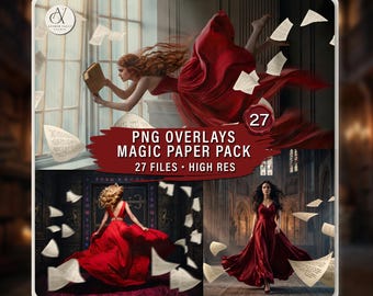 Flying Paper PNG Overlays – 27 Floating Pages, Fantasy Overlay, Photoshop Effects, Magic Book Pages, Dark Academia