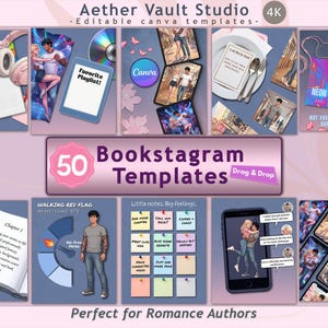 May include: A promotional image for Aether Vault Studio, showcasing 50 Bookstagram templates. The design features various digital mockups, including phones, tablets, and a notebook, with the text "Perfect for Romance Authors."