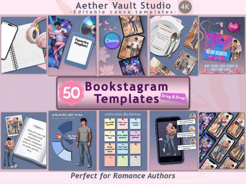 May include: A promotional image for Aether Vault Studio, showcasing 50 Bookstagram templates. The design features various digital mockups, including phones, tablets, and a notebook, with the text "Perfect for Romance Authors."