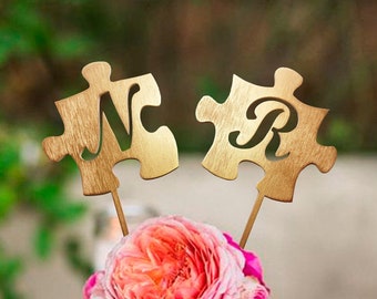 Custom Puzzle Cake Topper Two Puzzle Letters cake topper N Letter R Wedding Cake Topper Rustic Wooden Cake Topper Puzzle Personalized topper