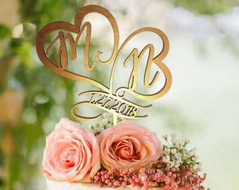 Two hearts Monogram Cake Topper gold Cake Topper date Letter M topper wedding Golden Personalized Topper Initials cake topper Rustic wedding