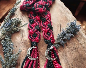 Handfasting Cord Red and Black with Moon Charms, Braided Wedding Handfasting Ribbon, Celtic Handfasting Braid, Wiccan Wedding Ceremony Cord
