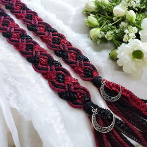 Handfasting Cord Red and Black with Moon Charms, Braided Wedding Handfasting Ribbon, Celtic Handfasting Braid, Wiccan Wedding Ceremony Cord