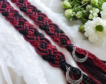 Handfasting Cord Red and Black with Moon Charms, Braided Wedding Handfasting Ribbon, Celtic Handfasting Braid, Wiccan Wedding Ceremony Cord