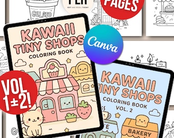 250-Page Tiny Shops Colouring Book, Editable Canva Template, PLR Resell Rights, Kawaii Cute Shops Colouring Pages Bundle VOL 1 AND 2