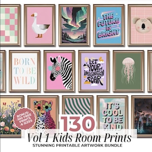 Eclectic Nursery Wall Art Set of 130 Colorful Prints, Gender Neutral Playroom Decor, Kid&#39;s Room Decor Animals, Affirmation Posters Classroom