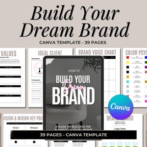 Peut inclure: Un mod&egrave;le Canva pour construire une marque de r&ecirc;ve. Le mod&egrave;le comprend des sections pour les valeurs, le client id&eacute;al, le tableau de la voix de la marque, la psychologie des couleurs, la vision et la mission, et un tableau de marque. Le mod&egrave;le comporte 39 pages et comprend un guide pour construire l'entreprise de vos r&ecirc;ves.