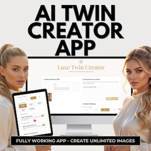 May include: Image of the AI Twin Creator app interface. The app's name is displayed in large black letters. The app allows users to create photorealistic digital twins. The app's interface is shown on a tablet and a computer screen.