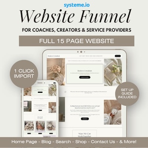 Puede incluir: Un gráfico de marketing digital que promociona un embudo de sitio web para entrenadores, creadores y proveedores de servicios. El diseño presenta una tableta y un teléfono inteligente que muestran páginas web.