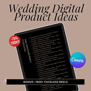 Op de afbeelding: Advertentie voor digitale trouwprintables. De afbeelding toont een tablet met een lijst van printbare trouwidee&euml;n, waaronder spellen, borden en kaarten. Een rode cirkel geeft een korting van 75% aan.