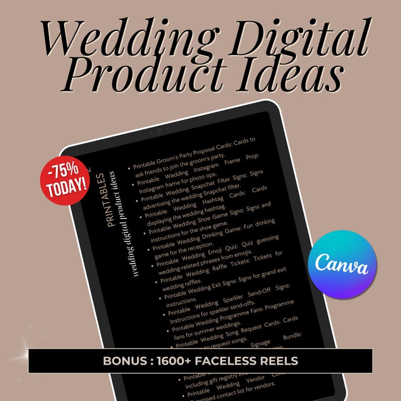 Op de afbeelding: Advertentie voor digitale trouwprintables. De afbeelding toont een tablet met een lijst van printbare trouwidee&euml;n, waaronder spellen, borden en kaarten. Een rode cirkel geeft een korting van 75% aan.
