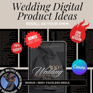 Op de afbeelding: Een advertentie voor digitale productidee&euml;n voor bruiloften, met tekst als "Wedding Digital Product Ideas" en "Resell as your own". Bevat een afbeelding met de tekst "-75% TODAY!" en een bonusaanbieding van 1600+ faceless reels.