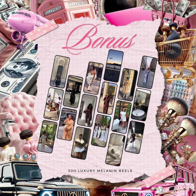 May include: A collage of images featuring a pink and white background with a grid pattern. The collage includes images of people, buildings, and objects. The text "Bonus" is written in pink letters at the top of the collage. The text "300 LUXURY MELANIN REELS" is written in black letters at the bottom of the collage.