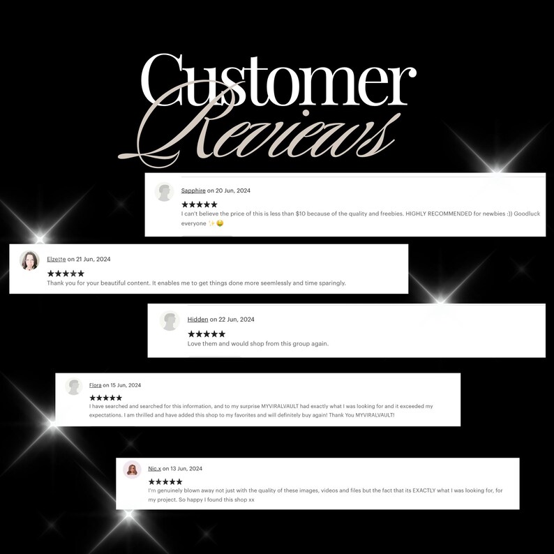 May include: A collage of customer reviews with five-star ratings and positive comments about the quality and value of the products. The reviews highlight the ease of use, the high quality of the content, and the overall satisfaction of the customers.