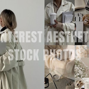 May include: A collage of images featuring a beige trench coat, a white coat with a coffee cup, a white blanket with a laptop, and a white floral arrangement. The images are arranged in a grid pattern and have a minimalist aesthetic.
