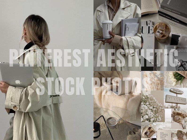 May include: A collage of images featuring a beige trench coat, a white coat with a coffee cup, a white blanket with a laptop, and a white floral arrangement. The images are arranged in a grid pattern and have a minimalist aesthetic.