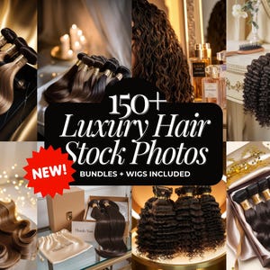May include: A collection of 150+ luxury hair stock photos featuring bundles and wigs. The photos showcase different hair textures and styles, including straight, curly, and wavy hair.