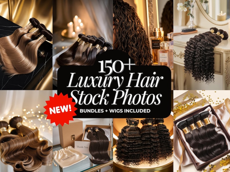 K&ouml;nnte beinhalten: Eine Sammlung von &uuml;ber 150 hochwertigen Haar-Stockfotos mit Bundles und Per&uuml;cken. Die Fotos zeigen verschiedene Haartexturen und -stile, darunter glattes, lockiges und welliges Haar.