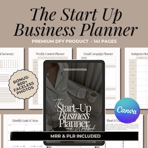 May include: A digital product mockup for a business planner and workbook. The cover features a minimalist design with the text "The Start-Up Business Planner and Workbook" in black text on a white background. The text "MRR & PLR INCLUDED" is also included in black text on a white background. The cover is displayed on a tablet device.
