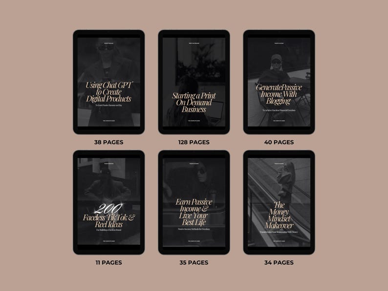 May include: Six black and white digital product covers with titles and page counts. The titles are "Using Chat GPT to Create Digital Products", "Starting a Print On Demand Business", "Generate Passive Income With Blogging", "200 Faceless TikTok & Reel Ideas", "Earn Passive Income & Live Your Best Life", and "The Money Mindset Makeover".