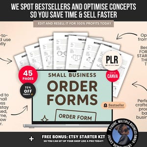 May include: A laptop screen displays "Small Business Order Forms" with a "Bestseller" badge. The image includes documents, arrows, and text like "Ready-to-print" and "Edit in Canva." It promotes Etsy business resources.
