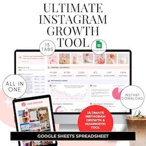 May include: A digital marketing tool displayed on a computer monitor and tablet. The screen shows Instagram analytics and the text "ULTIMATE INSTAGRAM GROWTH TOOL." Additional text includes "ALL IN ONE," "13 TABS," and "INSTANT DOWNLOAD."