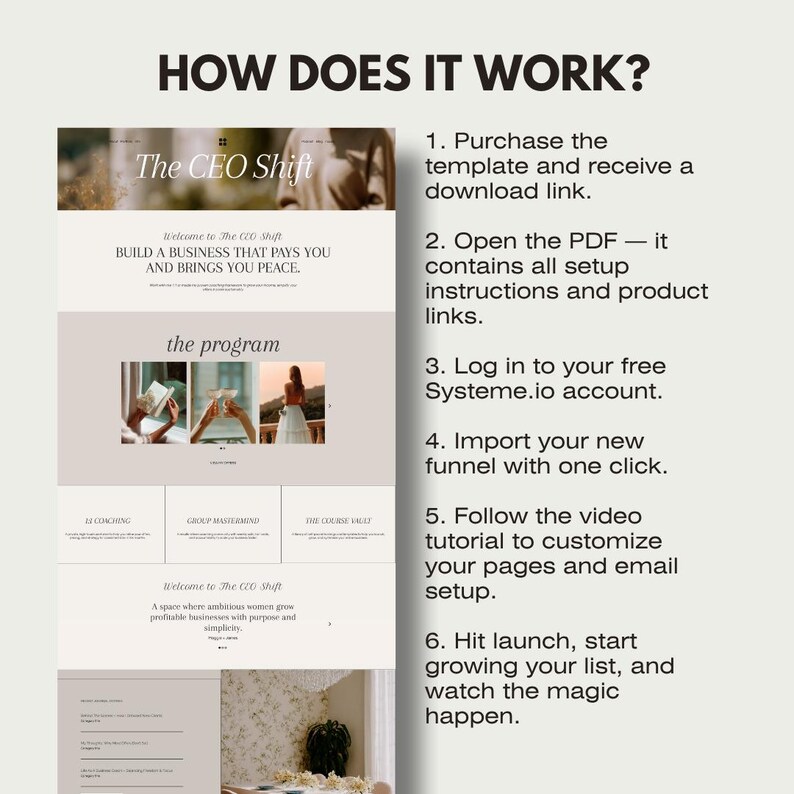 systeme landing page, systemeio, systemeio template, coaching funnel, lead magnet funnel, funnel download, systeme template, funnel design, digital product, email marketing, sales funnel design, sales page brown, sales page floral