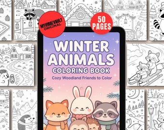 May include: A digital coloring book titled "Winter Animals Coloring Book" with the subtitle "Cozy Woodland Friends to Color." The cover features illustrations of a fox, rabbit, raccoon, and other woodland creatures. The book is advertised as having 50 pages.