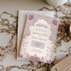 Islamische Hochzeitseinladung, Muslimische Nikkah Einladen, Lila Elegante Hochzeitskarte, Arabische Kalligraphie, Digitaler Download, Bearbeitbare Canva Vorlage