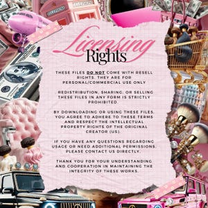 May include: Pink and white graphic with the text "Licensing Rights" in black. The text below explains that these files do not come with resale rights and are for personal/commercial use only. Redistribution, sharing, or selling these files in any form is strictly prohibited. By downloading or using these files, you agree to adhere to these terms and respect the intellectual property rights of the original creator (US). If you have any questions regarding usage or need additional permissions, please contact us directly. Thank you for your understanding and cooperation in maintaining the integrity of these works.