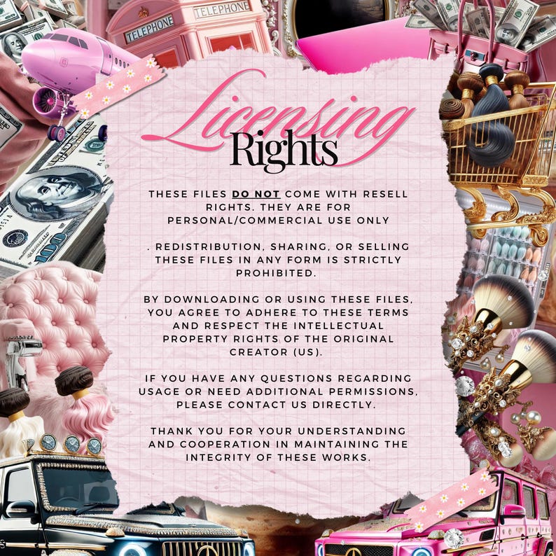 May include: Pink and white graphic with the text "Licensing Rights" in black. The text below explains that these files do not come with resale rights and are for personal/commercial use only. Redistribution, sharing, or selling these files in any form is strictly prohibited. By downloading or using these files, you agree to adhere to these terms and respect the intellectual property rights of the original creator (US). If you have any questions regarding usage or need additional permissions, please contact us directly. Thank you for your understanding and cooperation in maintaining the integrity of these works.