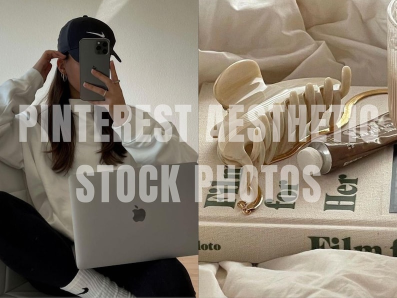 May include: A white sweatshirt with a black baseball cap and a silver laptop. The laptop is open and the screen is showing a white background. The person is sitting on a white surface. The image is a Pinterest aesthetic stock photo.