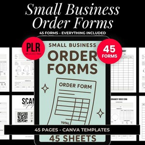 Könnte beinhalten: Ein digitales Produkt mit dem Titel "Small Business Order Forms" mit 45 Formularen. Das Bild zeigt verschiedene Bestellformularvorlagen, darunter Wein-, Tragetaschen- und Inventarblätter. Das Design enthält den Text "45 Forms - Everything Included."