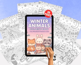 May include: A tablet displays a "Winter Animals Coloring Book" with cute woodland creatures. Surrounding the tablet are several coloring pages with winter scenes. The book cover features a fox, rabbit, raccoon, and other animals. A red circle indicates "50 PAGES".