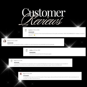 May include: A collage of customer reviews with five-star ratings and positive comments about the quality and value of the products. The reviews highlight the ease of use, the high quality of the content, and the overall satisfaction of the customers.