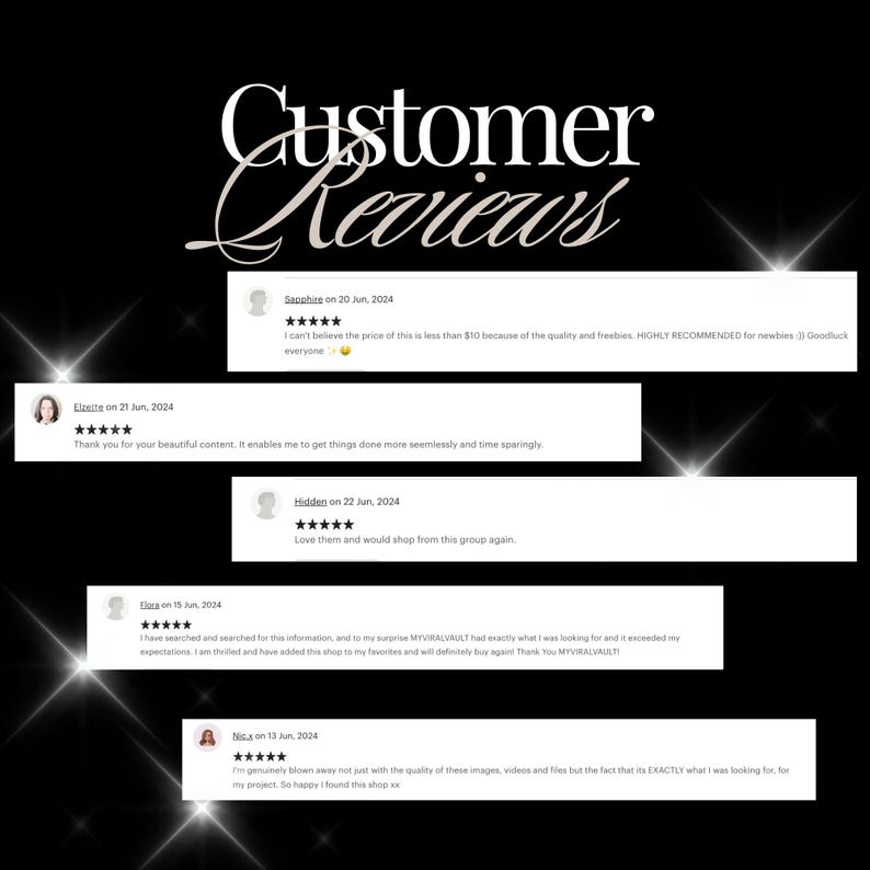May include: A collage of customer reviews with five-star ratings and positive comments about the quality and value of the products. The reviews highlight the ease of use, the high quality of the content, and the overall satisfaction of the customers.